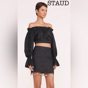 🔥NEW🔥 STAUD The Tristan Top cropped Black Linen Bell Sleeve Top size XS